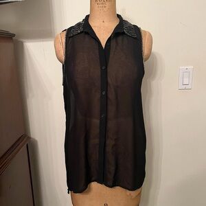 LUSH Black Sheer Beaded Tank Button Down Blouse Top